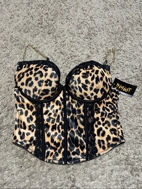 Spirit Leopard Print Corset Molded Cups Gold Chain Straps